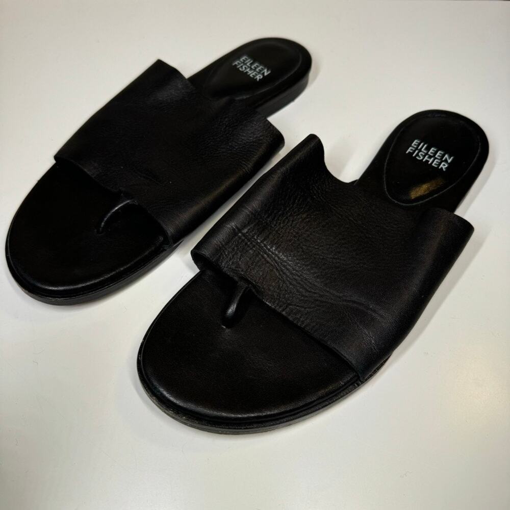 Eileen Fisher Black Leather Toe Ring Slides Sandals 6.5 Vero Cuoio Minimalist